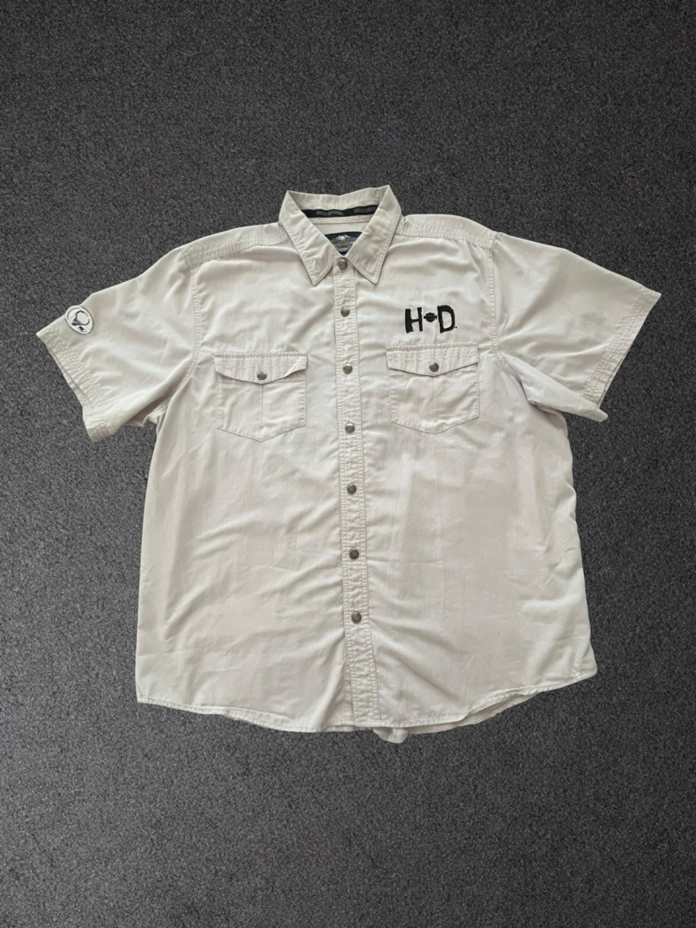 Harley Davidson Short Sleeve Snap Button Shirt Light Gray Mens 2XL Embroidered